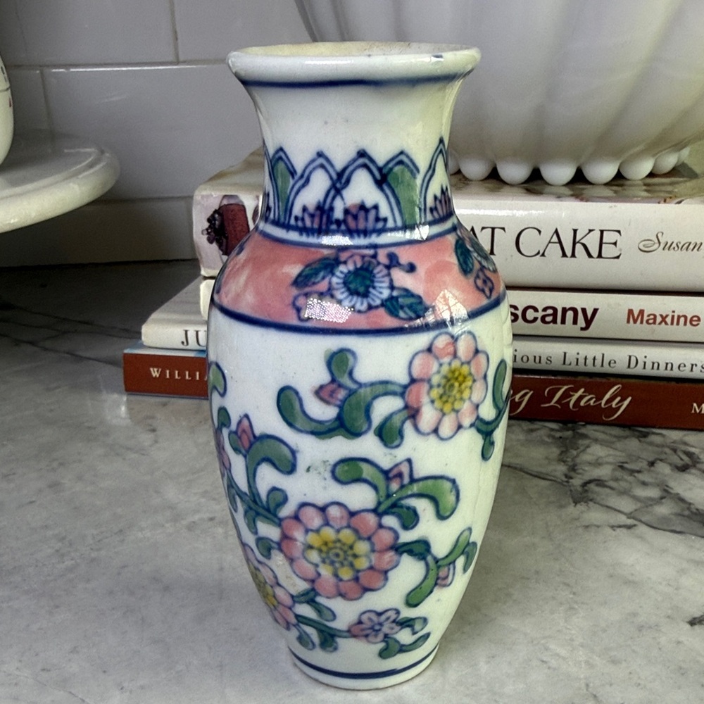 Chinoiserie Style Floral Ceramic Bud Vase - Pink & Green